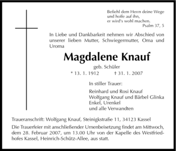 Todesanzeige von Magdalene Knauf von HNA