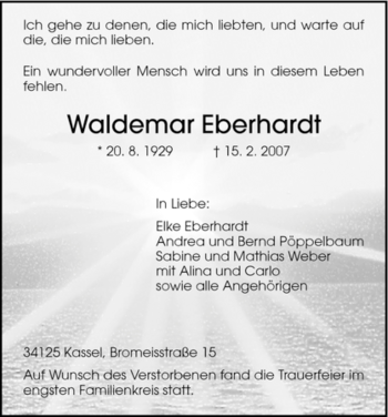 Todesanzeige von Waldemar Eberhardt von HNA