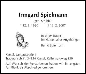 Todesanzeige von Irmgard Spielmann von HNA