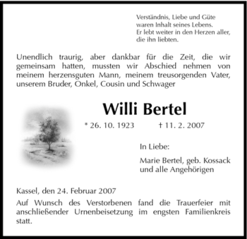 Todesanzeige von Willi Bertel von HNA