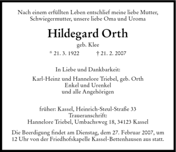 Todesanzeige von Hildegard Orth von HNA