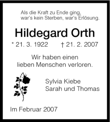 Todesanzeige von Hildegard Hildegard von HNA