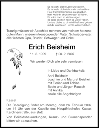 Todesanzeige von Erich Beisheim von HNA