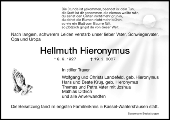 Todesanzeige von Hellmuth Hieronymus von HNA