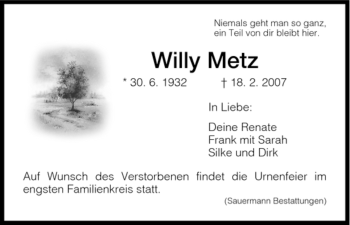 Todesanzeige von Willy Metz von HNA