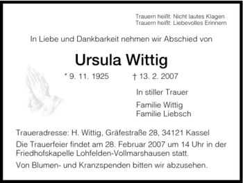 Todesanzeige von Ursula Wittig von HNA