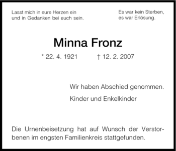 Todesanzeige von Minna Fronz von HNA