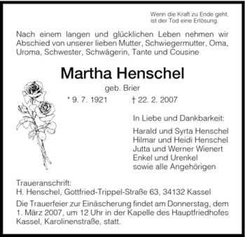 Todesanzeige von Martha Henschel von HNA