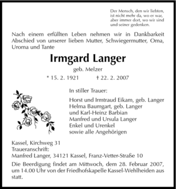 Todesanzeige von Irmgard Langer von HNA