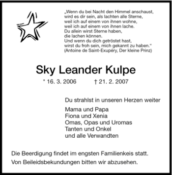 Todesanzeige von Sky Leander Kulpe von HNA