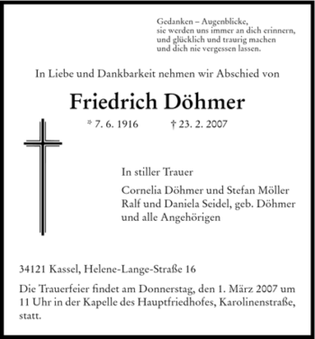 Todesanzeige von Friedrich Doehmer von HNA