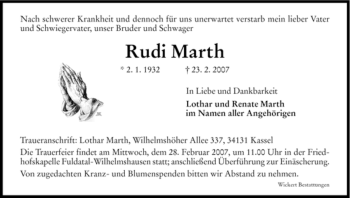 Todesanzeige von Rudi Marth von HNA