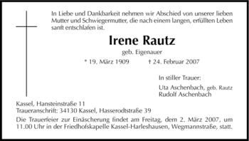 Todesanzeige von Irene Rautz von HNA