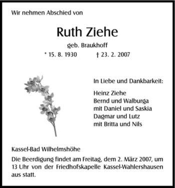 Todesanzeige von Ruth Ziehe von HNA