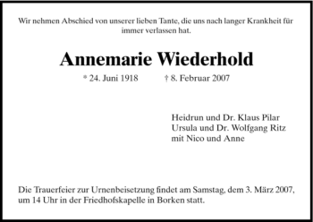 Todesanzeige von Annemarie Wiederhold von HNA