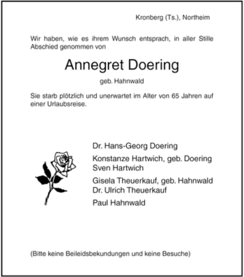 Todesanzeige von Annegret Doering von HNA