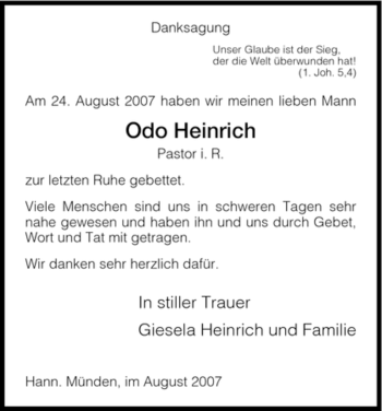 Todesanzeige von Odo Heinrich von HNA