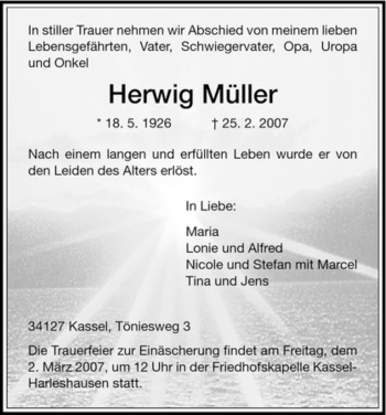 Todesanzeige von Herwig Mueller von HNA