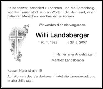 Todesanzeige von Willi Landsberger von HNA