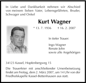 Todesanzeige von Kurt Wagner von HNA