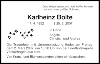 Todesanzeige von Karlheinz Bolte von HNA