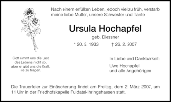 Todesanzeige von Ursula Hochapfel von HNA