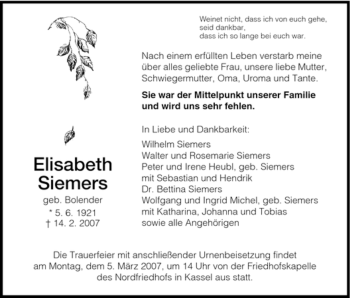 Todesanzeige von Elisabeth Siemers von HNA