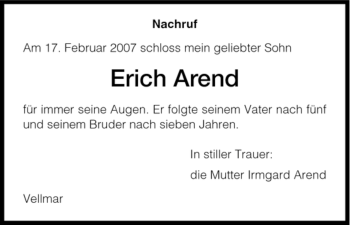 Todesanzeige von Erich Arend von HNA