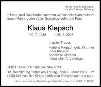 Todesanzeige von Klaus Klepsch von HNA