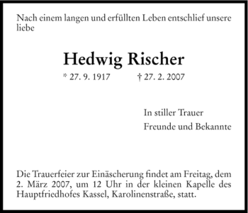 Todesanzeige von Hedwig Rischer von HNA