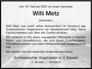 Todesanzeige von Willi Metz von HNA