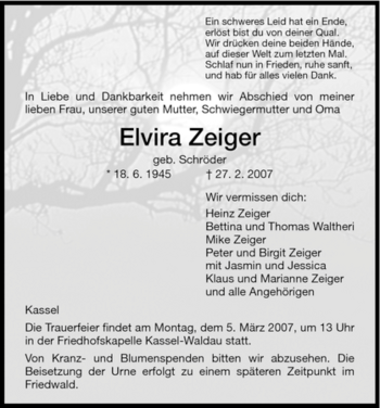 Todesanzeige von Elvira Zeiger von HNA