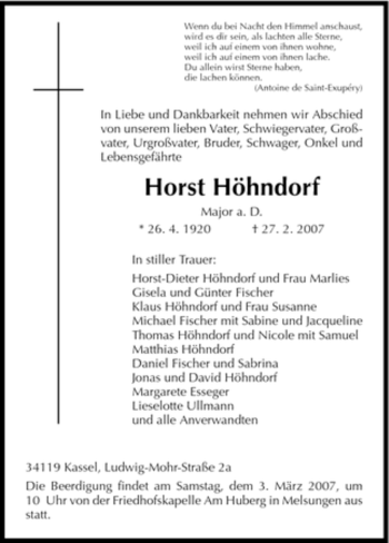 Todesanzeige von Horst Hoehndorf von HNA