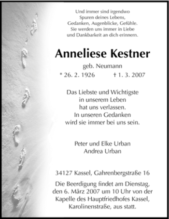 Todesanzeige von Anneliese Kestner von HNA