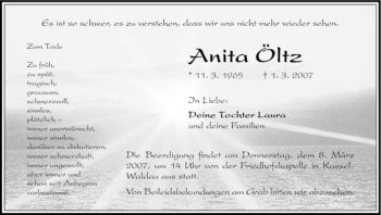 Todesanzeige von Anita Oeltz von HNA