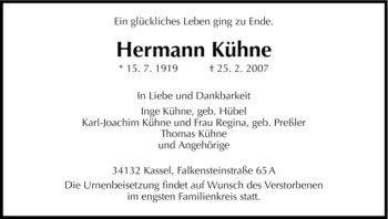 Todesanzeige von Hermann Kuehne von HNA