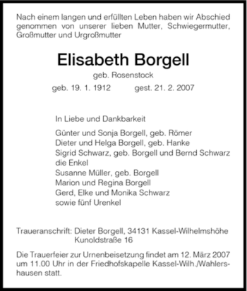 Todesanzeige von Elisabeth Borgell von HNA