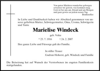 Todesanzeige von Marielise Windeck von HNA