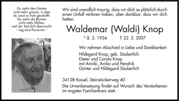 Todesanzeige von Waldemar Knop von HNA