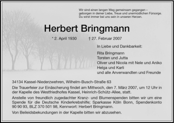 Todesanzeige von Herbert Bringmann von HNA