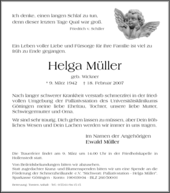 Todesanzeige von Helga Mueller von HNA