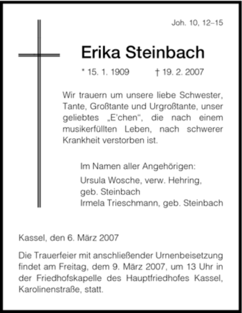 Todesanzeige von Erika Steinbach von HNA