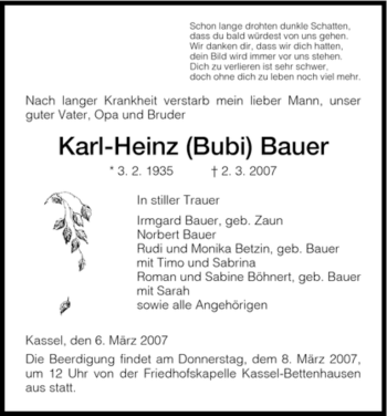 Todesanzeige von Bauer Karl-Heinz von HNA