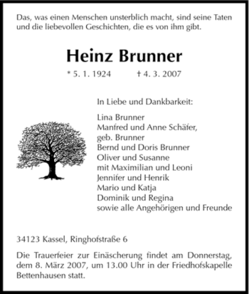 Todesanzeige von Heinz Brunner von HNA