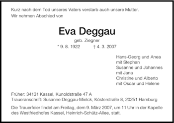 Todesanzeige von Eva Deggau von HNA