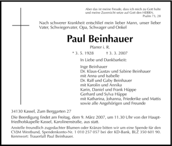 Todesanzeige von Paul Beinhauer von HNA