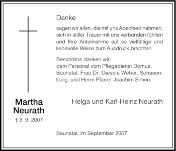 Todesanzeige von Martha Neurath von HNA