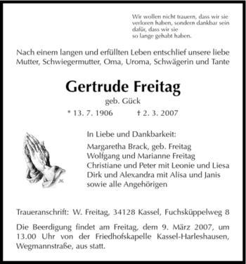 Todesanzeige von Gertrude Freitag von HNA