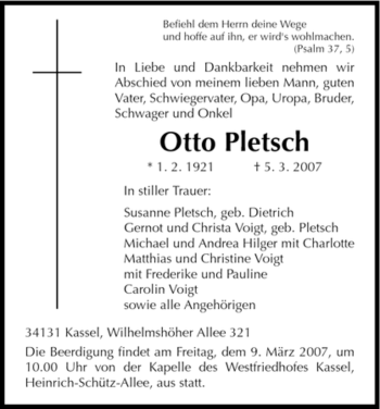 Todesanzeige von Otto Pletsch von HNA