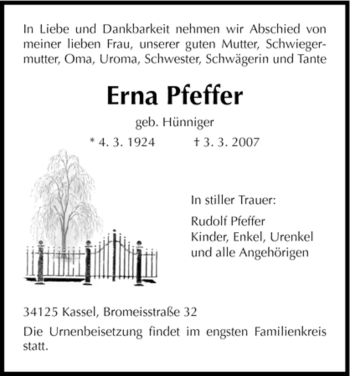 Todesanzeige von Erna Pfeffer von HNA